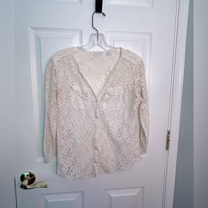 New York & Company White Laced Button Up Sweater Cardigan